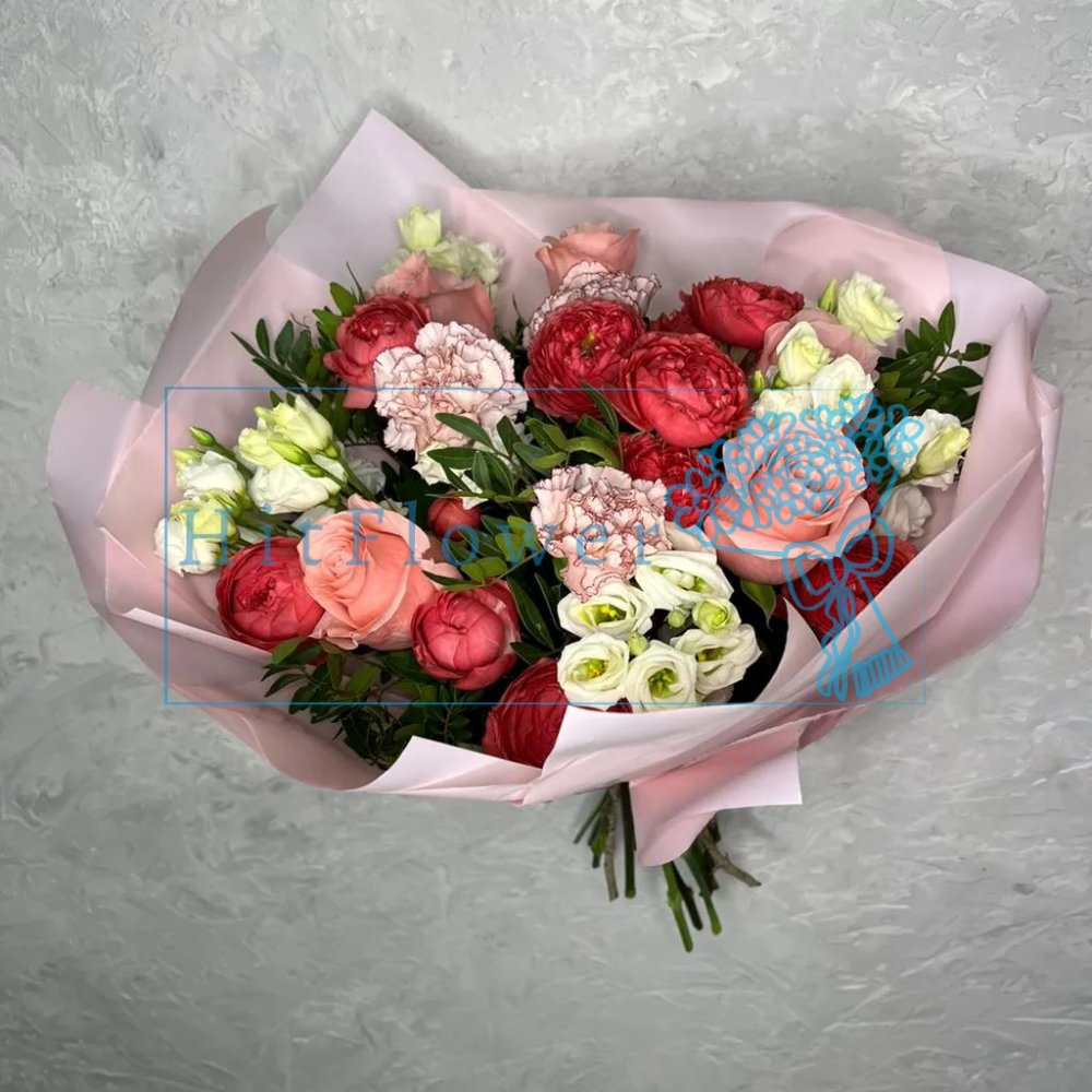 Букет цветов из: Розы, Гвоздики и Лизиантусы